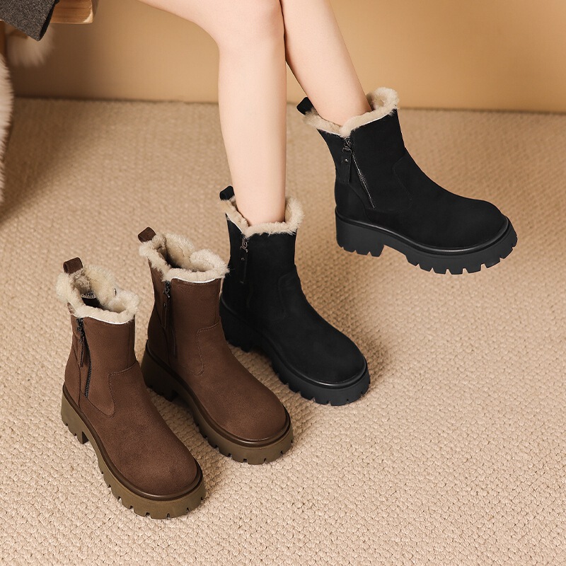 Zhr Fleece-Lined Warm 6cm Snow Boots for Women 2025 Winter New Thick Heel High Heel Short Boots for Women
