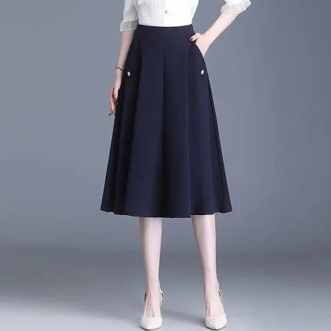 2024 Spring and Summer Pocket A- Line Skirt Skirt Mid-length Elegant All-match plus size Slimming Skirt for Women with Loose Waist