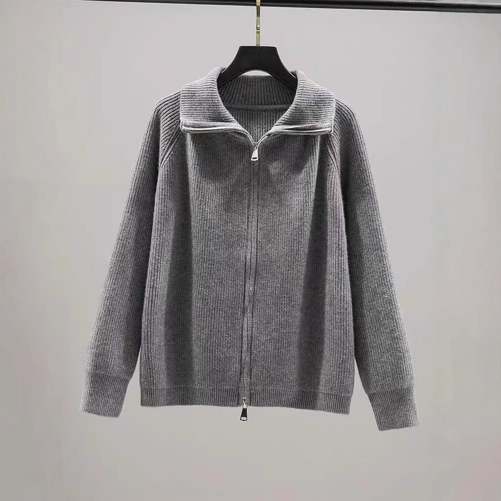 Kurzer Strickcardigan – Oversize-Shacket mit Doppelreißverschluss (Kastanienbraun/Grau/Beige, Einheitsgröße)_voghion.com