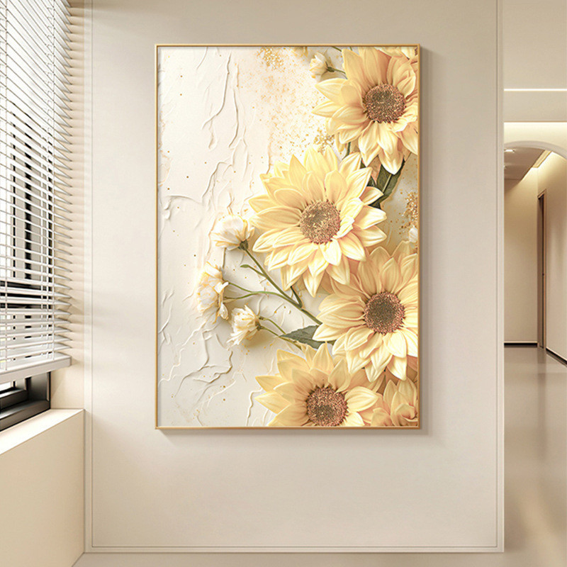 クリームひまわりリビングルームソファ背景壁装飾絵画ハイエンドテクスチャ床壁画玄関廊下吊り絵画|undefined