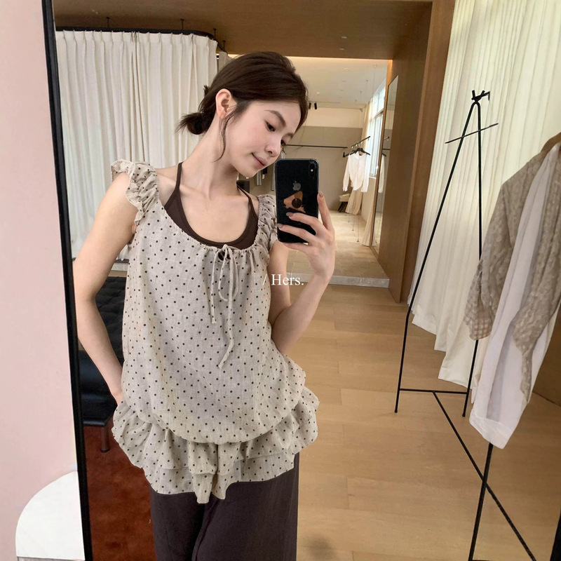 Hers Sweet Summer Korean Retro Polka Dot Fake Two-Piece Design Tie Halter Neck Sleeveless Top 80627 Hers Sweet Summer Korean Retro Polka Dot Fake Two-Piece Design Tie Halter Neck Sleeveless Top 80627