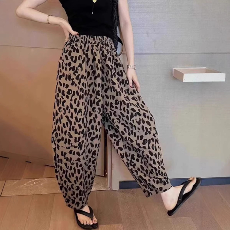 Fashionable Retro High-Waisted Leopard Print Straight-Leg Casual Pants for Women, Summer Plus-Size Loose Slimming Cropped Pants for Petite Women