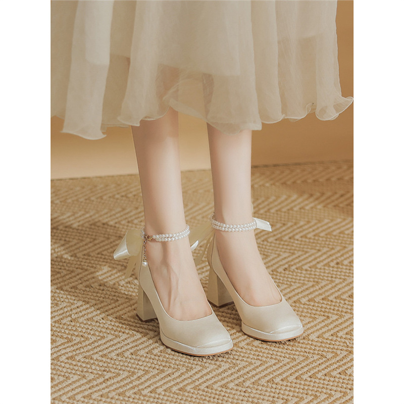 Mary Jane Shoes for Women 2025 Spring New Versatile Thick-Soled Bridesmaid Wedding Shoes Pearl Small High Heels Trendy