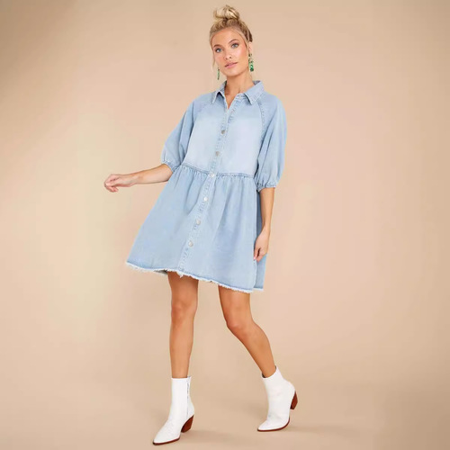  New Arrival Amazon Cross-Border Women's Fashion Hot-Selling Solid-Color Mid-Sleeve Denim Dress with Defined Waistline for European and American Markets