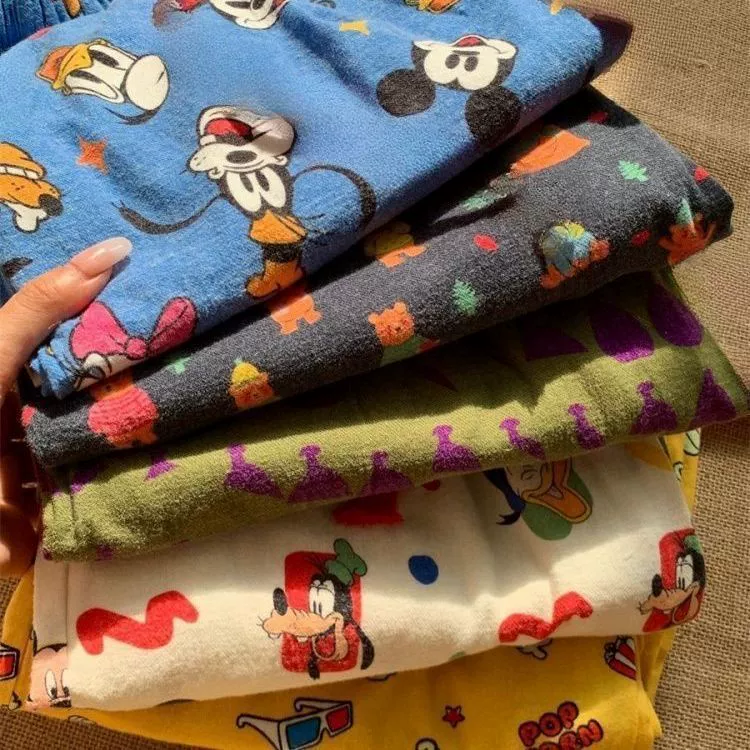 Корейские пижамы с высокой талией и принтом Микки Мауса для девочек, зимние женские удобные мягкие и теплые домашние брюки