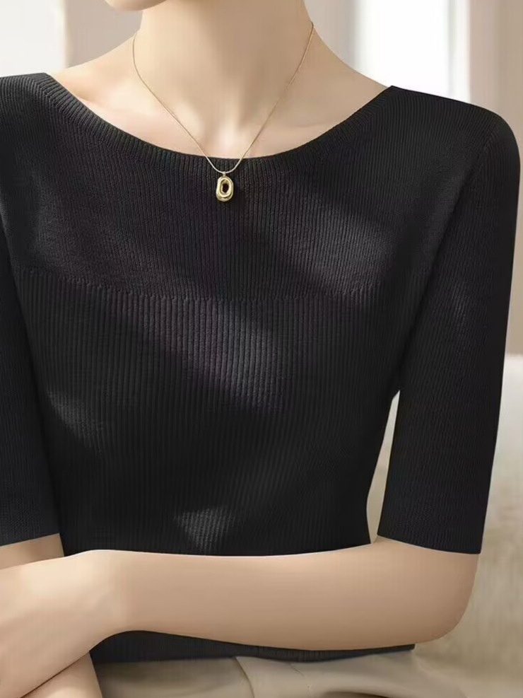 Áo thun ngắn tay cổ chữ nhất ôm nhẹ kiểu Pháp — màu đen