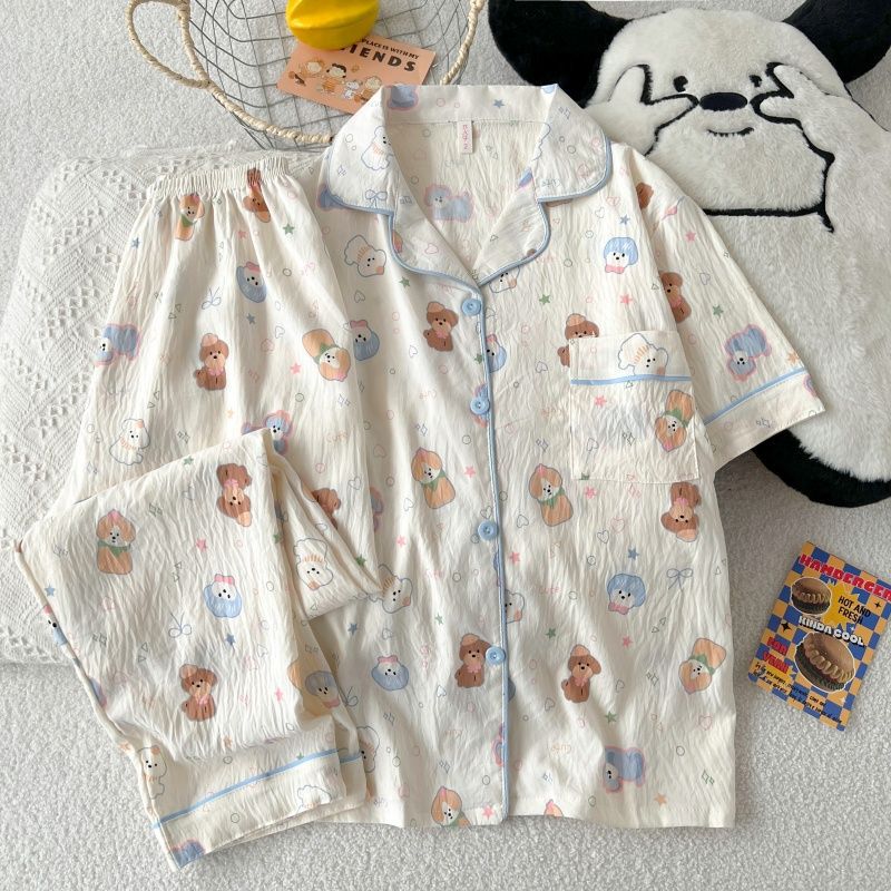 Al por mayor transfronterizo verano nubes pijamas de algodón de mangas cortas pantalones cardigan con solapa ropa de hogar lindos dibujos animados se pueden usar fuera