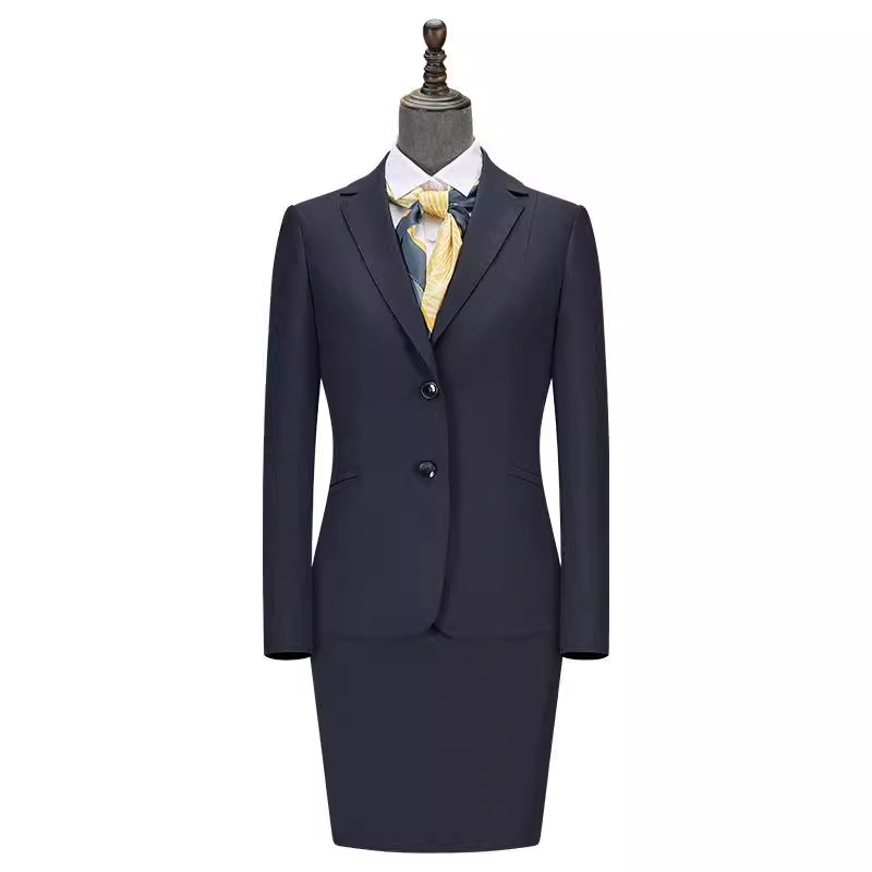 Classic Suit Women's Elegant Commuter Professional 50 Wool Single-breasted Flat Barge Neck Dress navy blue Two-piece Set