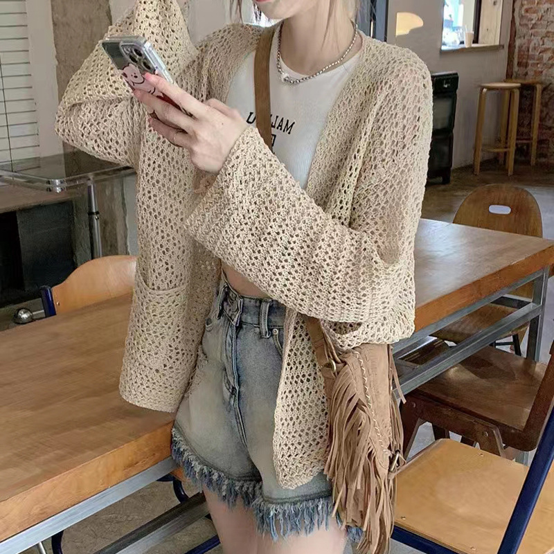 Hollow-Out Sun-Protective Knit Cardigan for Women, Summer Thin Style, New Spring and Autumn Korean Version, Loose Fashion Lazy Style Outerwear