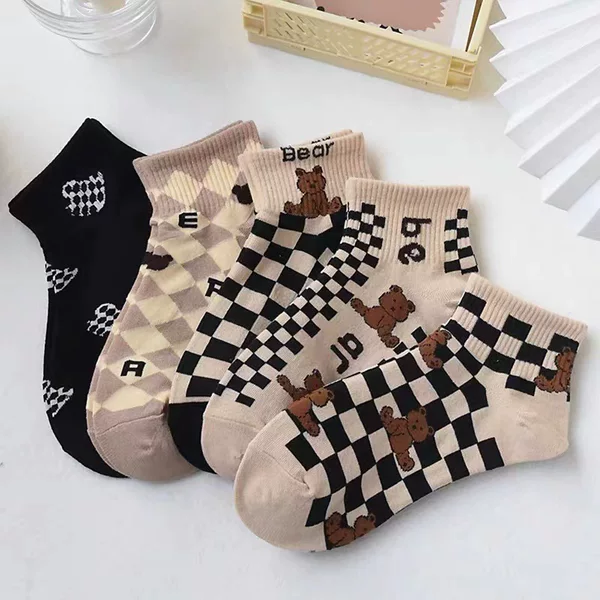 Socks Women's Checkerboard Bear Medium Socks Brown Sweat-Absorbing Breathable All-Match ins Fashionable College Women's Socks