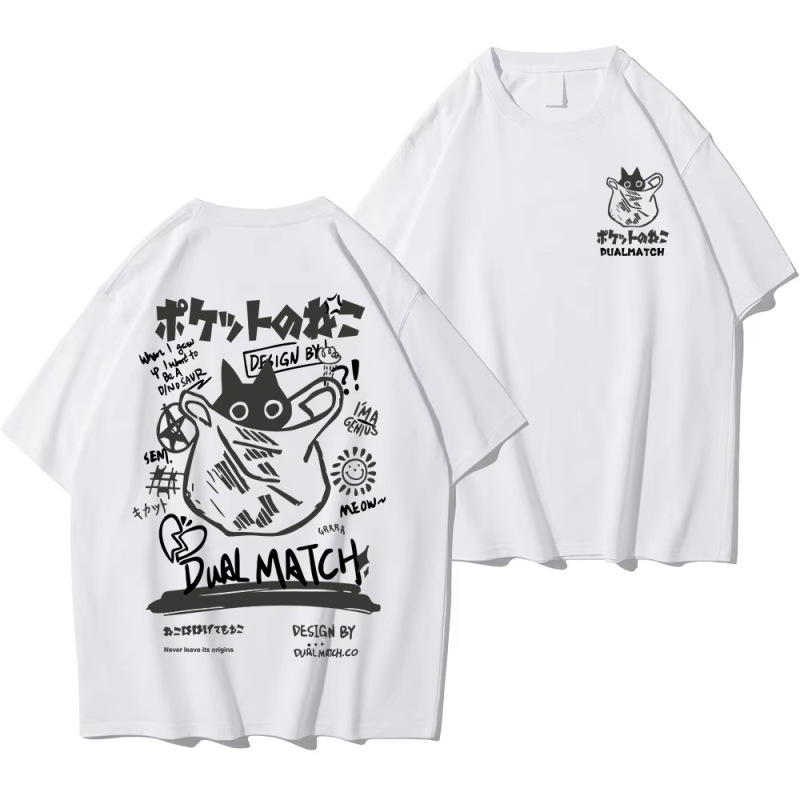 男女2024原宿川合伊猫プリント半袖tシャツ夫婦街頭カジュアルゆったり服Y2Kトップス|undefined