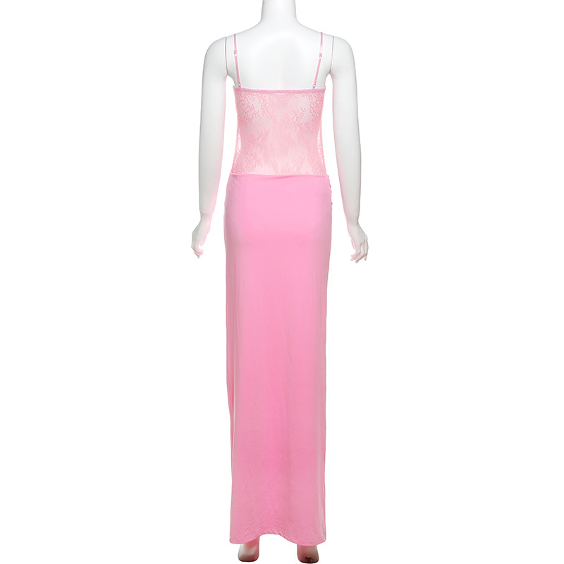 Spring Women Clothing Sexy Lace Stitching See through Backless Sling Dress