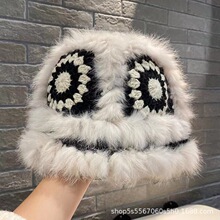 真兔毛手工毛绒帽秋冬季毛茸茸虎头醒狮帽渔夫帽可爱显脸小毛帽子