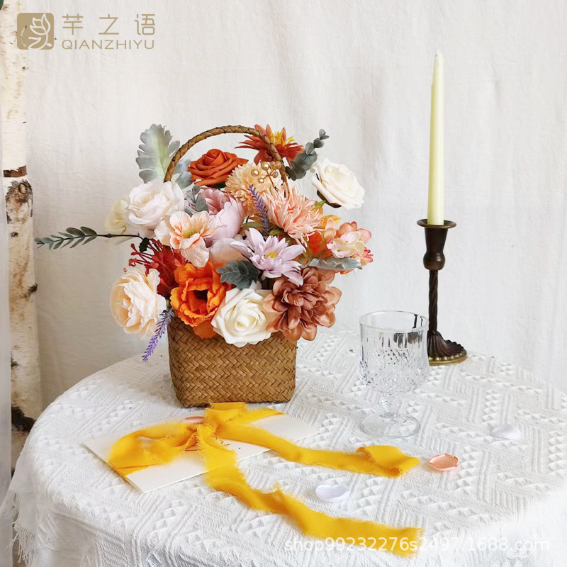 跨境熱銷手工制作仿真永生花絹花禮盒玫瑰花束婚禮DIY花籃手捧