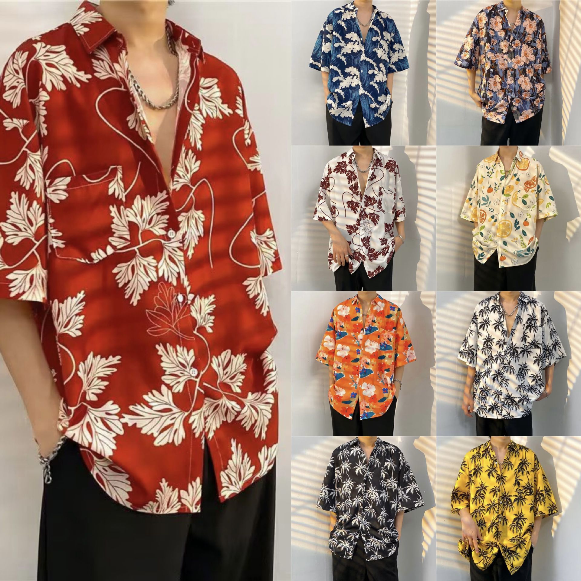 ins Hawaiian style printed shirt men's s...