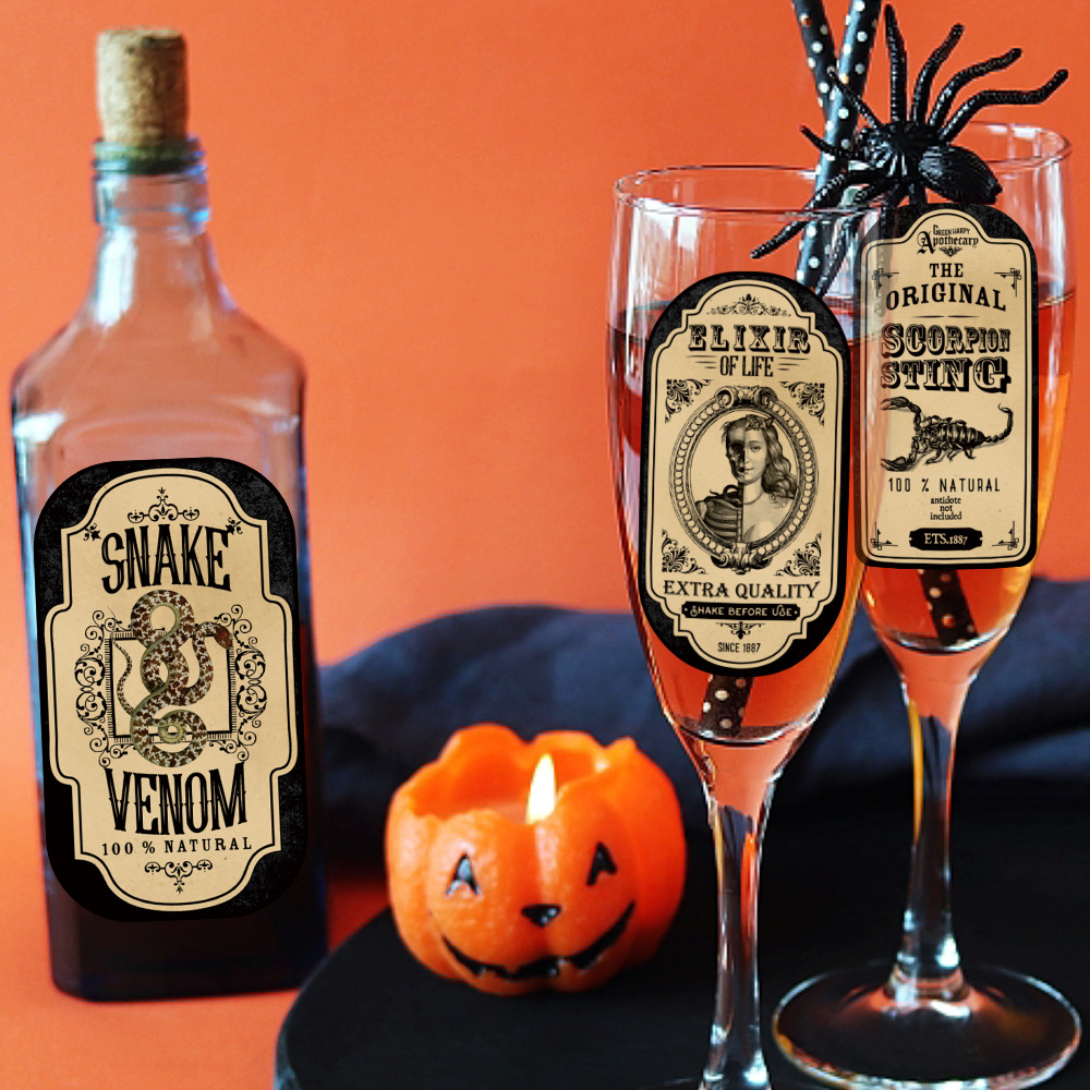 Decoración de fiesta de Halloween de Amazon Pegatinas de botella de vino Pegatinas de papel Decoración de festival de fantasmas Etiqueta de etiqueta de etiqueta de botella de vino de veneno