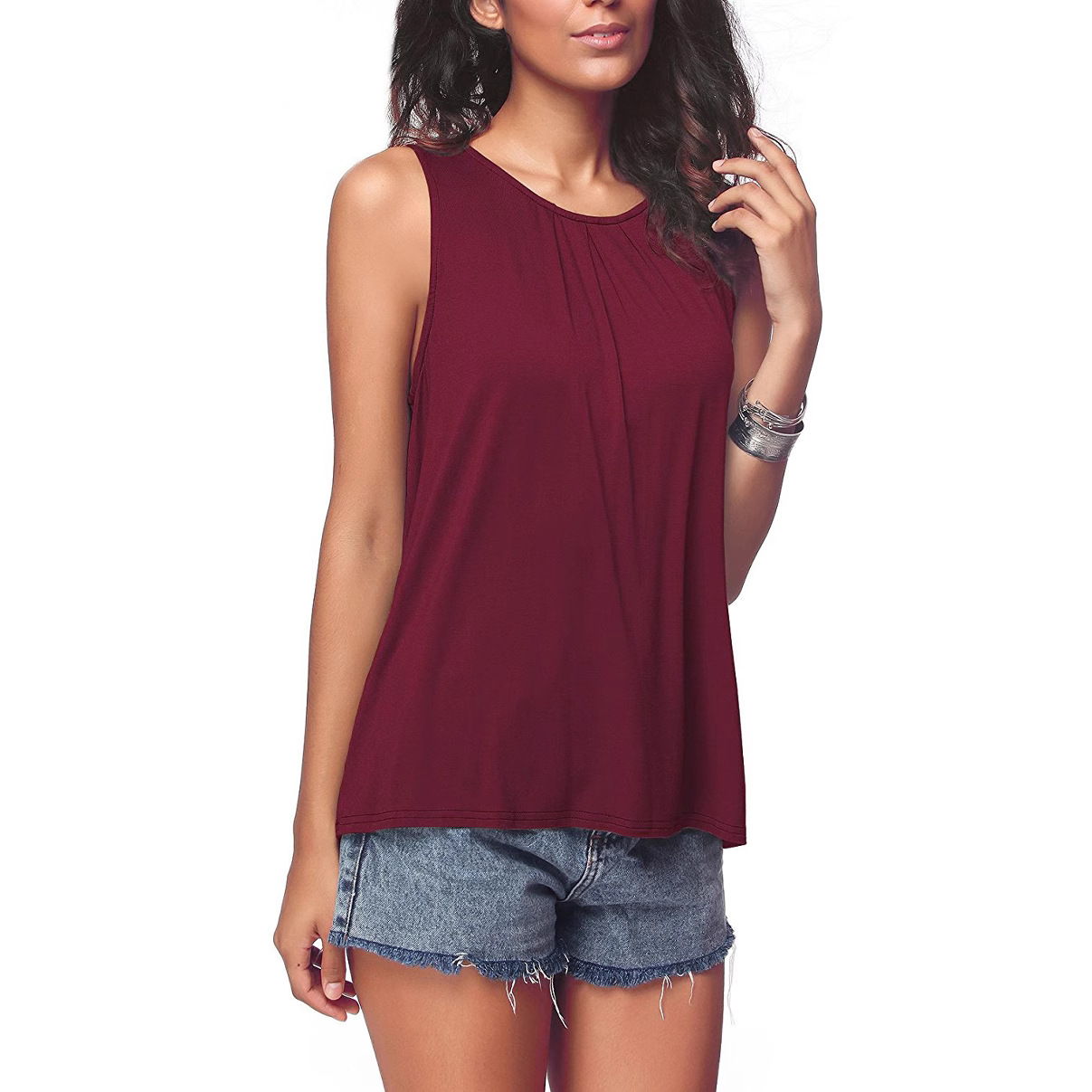 Amazon ウィッシュ AliExpress ebay ホット販売ヨーロッパとアメリカのカジュアルトップスラウンドネック無地ノースリーブベスト Tシャツ婦人服
