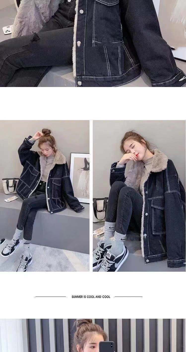 630g Weight Long Sleeve Sleeve Length Single Breasted Placket Type Regular Sleeve Sleeve Type Polyester Fabric Type Ordinary Model (50cm <Length ≤ 65cm) Top Length Coat Tops Type Shirt Collar Neckline Loose Fit Type Solid Color Pattern Women's Gender Temperament Commuter, Urban Style Style Lamb Fur Lined Thickened Denim Jacket Women's Autumn Winter Loose Versatile Short Style Fleece Inner Cotton Coat For Students 5