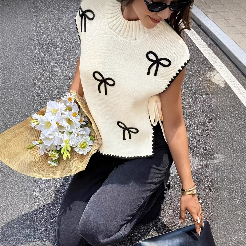Cross-Border Beige Bowknot Embroidered High-Neck Knitted Vest Sleeveless Top with Wavy Edge Trim Women's Sweater