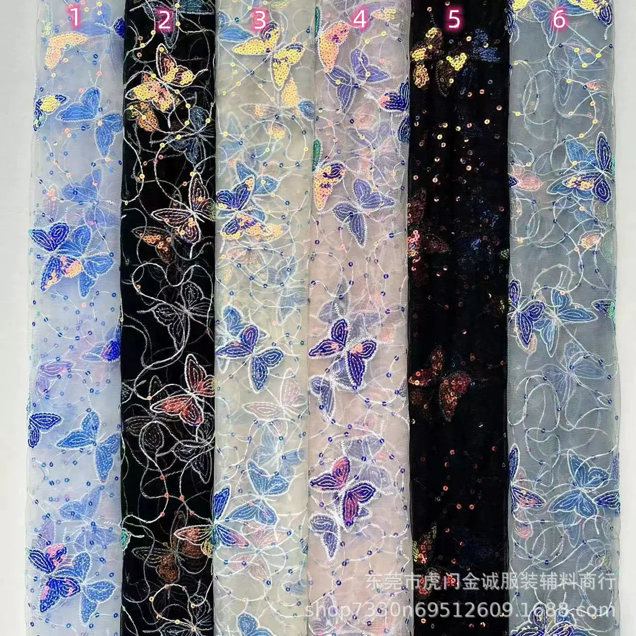 外贸新款5mm亮片蝴蝶刺绣面料 女装连衣裙舞台服珠片多色绣花布料