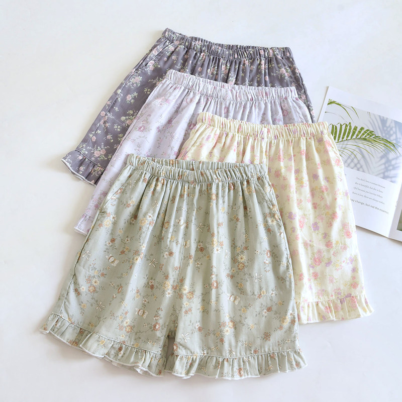 Summer sweet floral cotton pajama shorts for women, thin gauze shorts with pockets, home pants suitable for outdoor wear, loose fit, all cotton Summer sweet floral cotton pajama shorts for women, thin gauze shorts with pockets, home pants suitable for outdoor wear, loose fit, all cotton