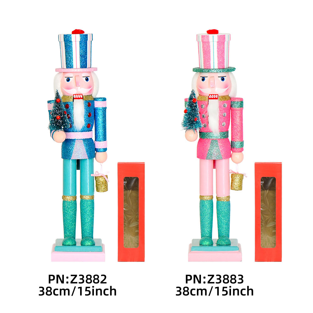 38cm hombre de madera de nuez 15in nuez soldado rosa brillante árbol de Navidad rayas caja de regalo ornamentos artesanías