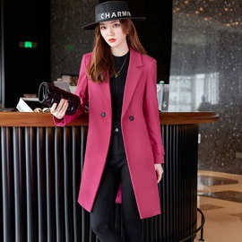 玫红色中长款西装外套女士2022年新款韩版网红时尚气质高级感西服