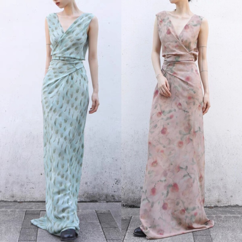 Spanish Fairy-Mist Rose Sandy Wash Silk Oblique Waisted Sleeveless Dress