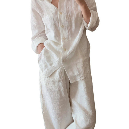 White Cotton Linen Long-Sleeve Women's Top 2025 Spring and Autumn New Simple Casual Sloppy Style Versatile Loose Shirt