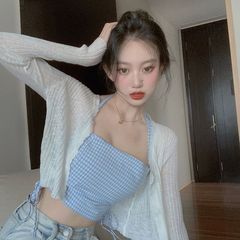 吊带设计感小众外穿女春季格子显瘦打底上衣短款女士内搭抹胸背心