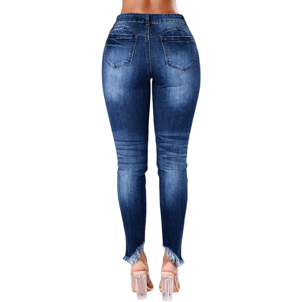 Jeans azules de mujer con cintura baja, rotos, con dobladillo irregular y flecos, para 2026, para venta transfronteriza en Amazon, eBay y sitios independientes
