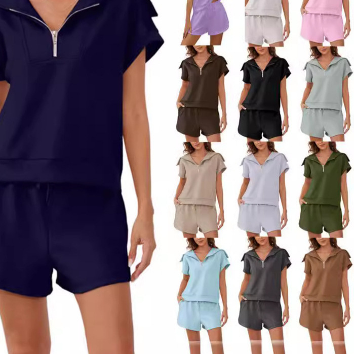 2025 Summer New European and American Amazon Women's 2-piece Set Half Zipper Lop Short Sleeve Sweatshirt High Waist Shorts