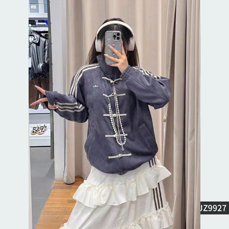 9927 Cross-border New Chinese Style Three-Leaf Embroidered Logo Three-Stripe Button Jacket for Men and Women Couples Spring and Autumn Trendy Brand Top