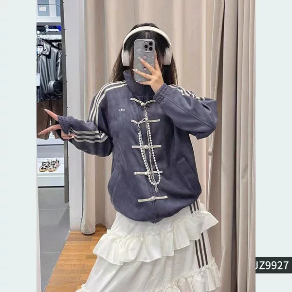 9927 Cross-border New Chinese Style Three-Leaf Embroidered Logo Three-Stripe Button Jacket for Men and Women Couples Spring and Autumn Trendy Brand Top