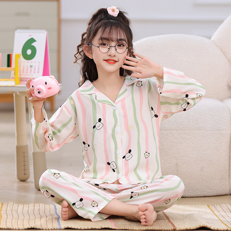 Pijamas infantiles primavera y otoño delgada espuma tela arrugada ropa para el hogar niñas dibujos animados aire acondicionado ventilado ropa de verano
