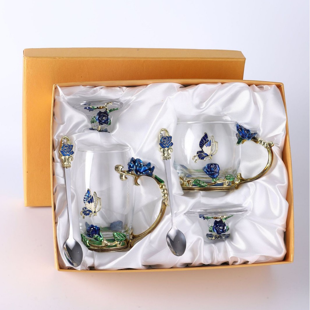 Taza de té con cubierta de flores creativa sala de estar taza de agua de desayuno de lujo taza de leche de esmalte de color taza de café de mujer taza de vidrio casero