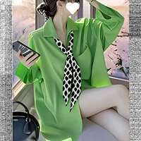 Весенний новый стиль, супер красивый и стильный дизайн, розовая рубашка с длинными рукавами и галстуком-бабочкой для женщин, весна