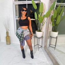 跨境新款欧美女装性感不规则格子拼接牛仔短裙牛仔做旧半身裙裙子