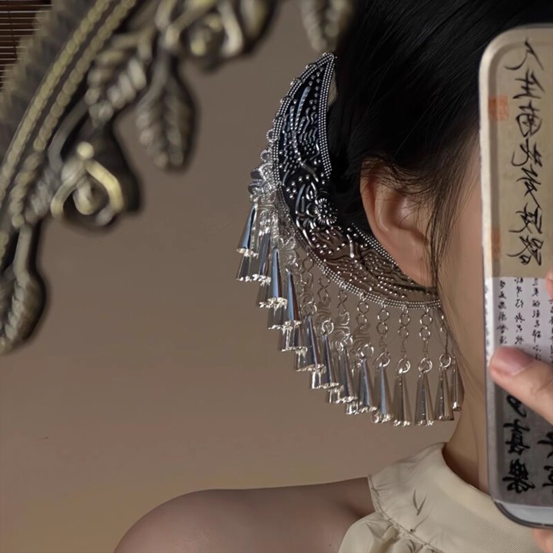 银铃坠梦~民族风头饰月牙流苏发簪女高级感苗族银色发钗簪子发饰|undefined