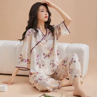 新中式睡衣女春夏秋季新款绵绸盘扣七分袖长裤甜美国风家居服套装