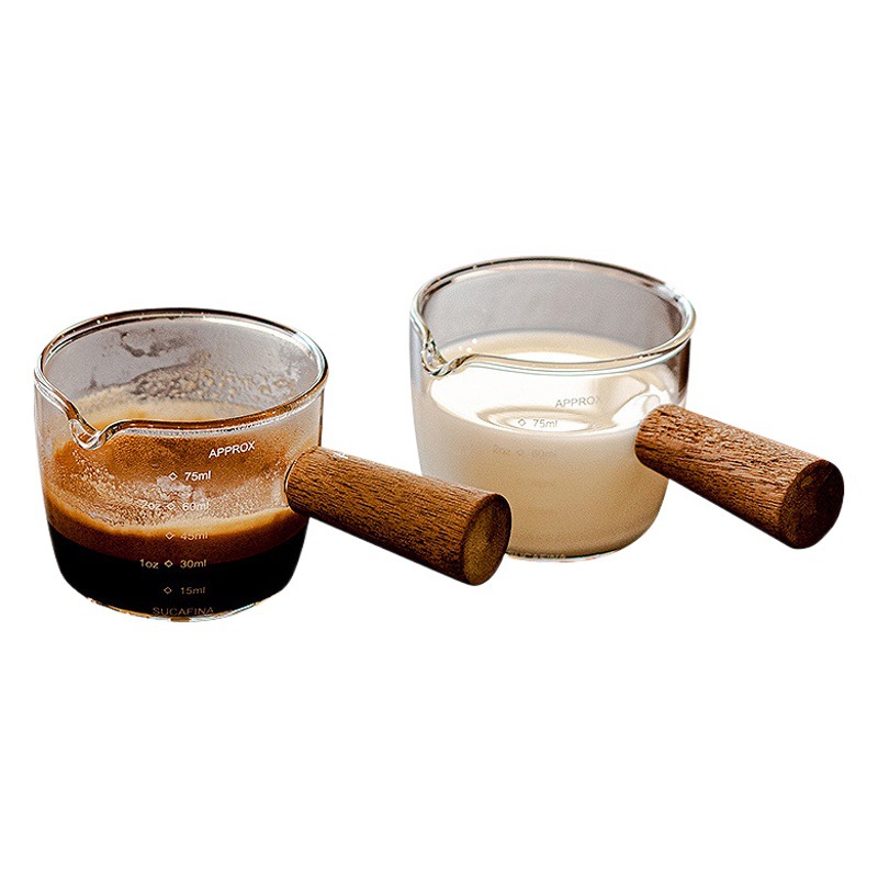 High Temperature Resistant Glass Milk Cup Wooden Handle Scale Cup Double Mouth Mini Milk Pot with Handle Milk Pot Measuring Cup Coffee Utensil