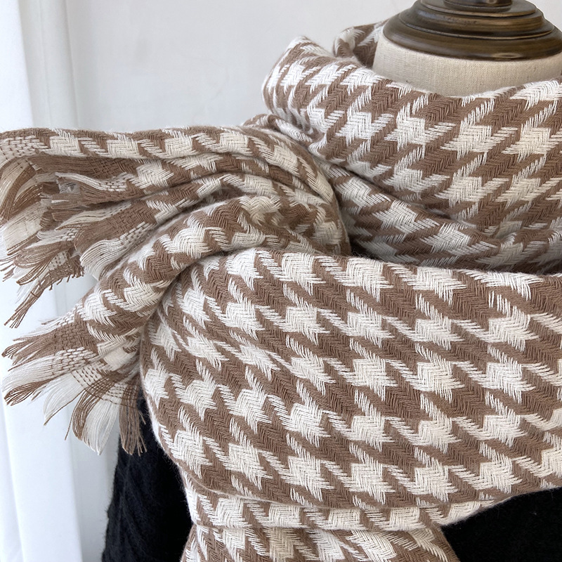 Sciarpa a scacchi da donna inverno 2021 nuova edizione coreana mille uccelli collo a scacchi imitazione cashmere caldo scialle con nappe_voghion.com