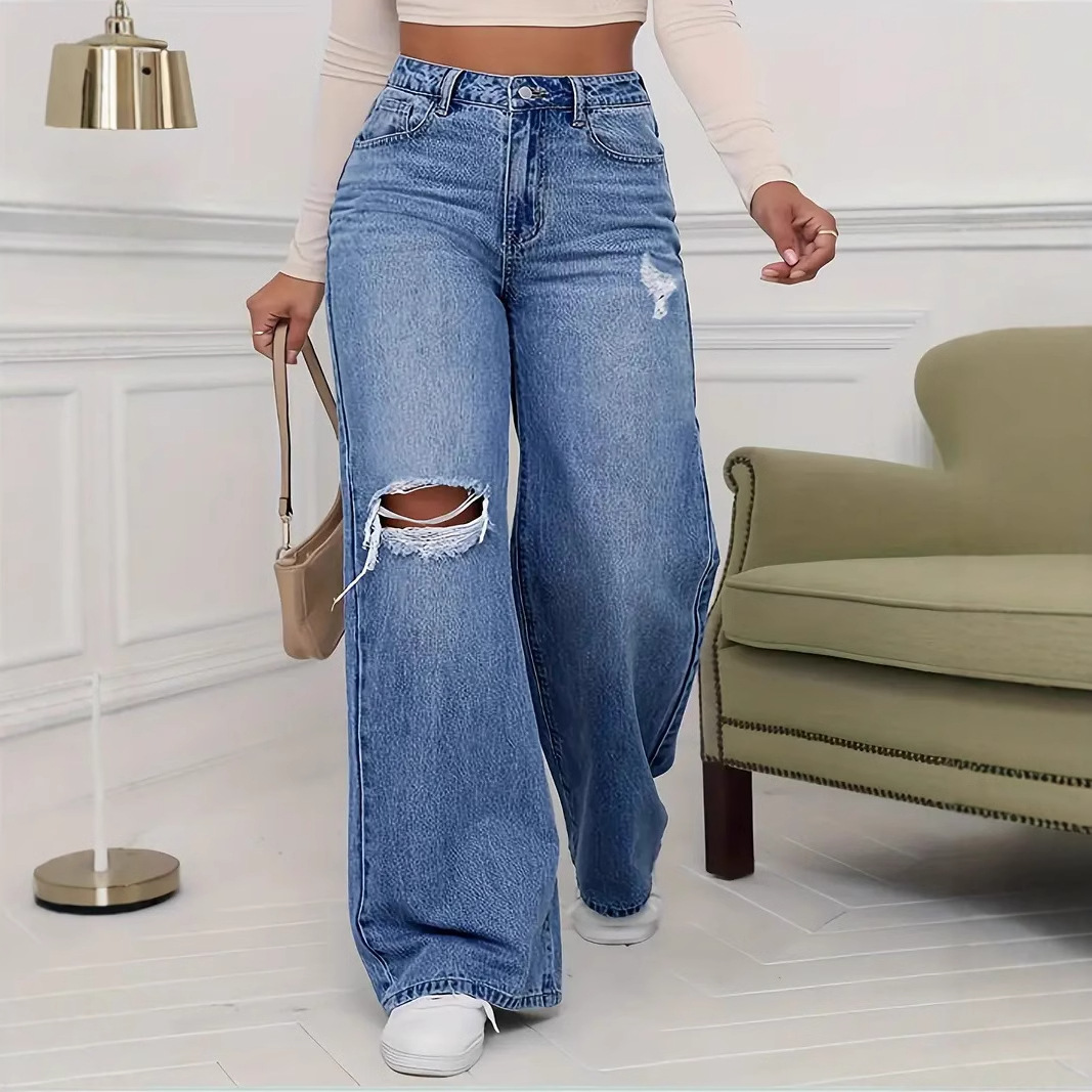 Wide Leg Straight Leg High Waist Floor Pants With Ripped Jeans_ecoleips.com