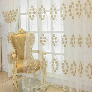 Cross-border Amazon transparent embroidered curtain beige American pastoral flower living room gauze curtain living room bedroom semi-shading