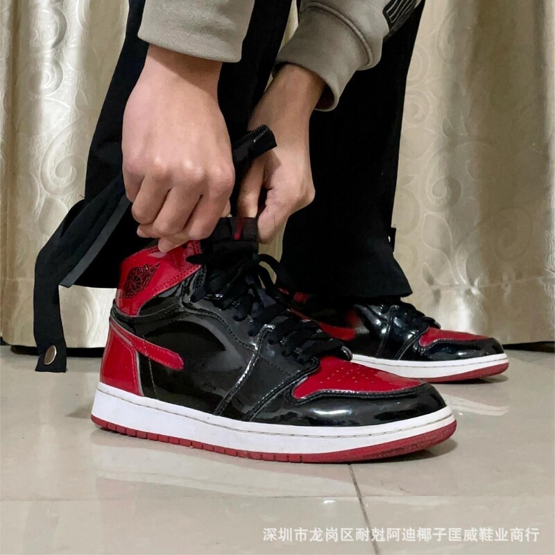 Putian Pure Original aj1 High-top Basketball Shoes Men's Shoes Unisex sneaker Patent Leather Black Red Obsidian Buckle Shattered Students