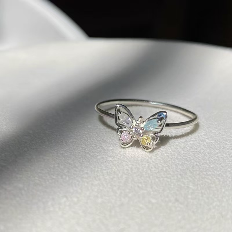 Butterfly Ring Women's Summer Atmosphere Inlaid Color Zirconium Ring Daily Simple Color Dream Butterfly Finger Ring Opening