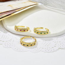 跨境时尚铜镀真金镶锆石几何爱心戒指女潮流气质双色开口指环饰品