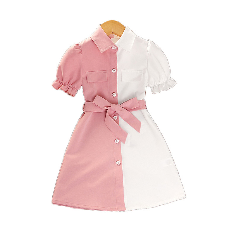 Mädchen-Hemdkleid mit Farbblockmuster, Sommermode, kurzärmelig, kariert, Kragen_voghion.com