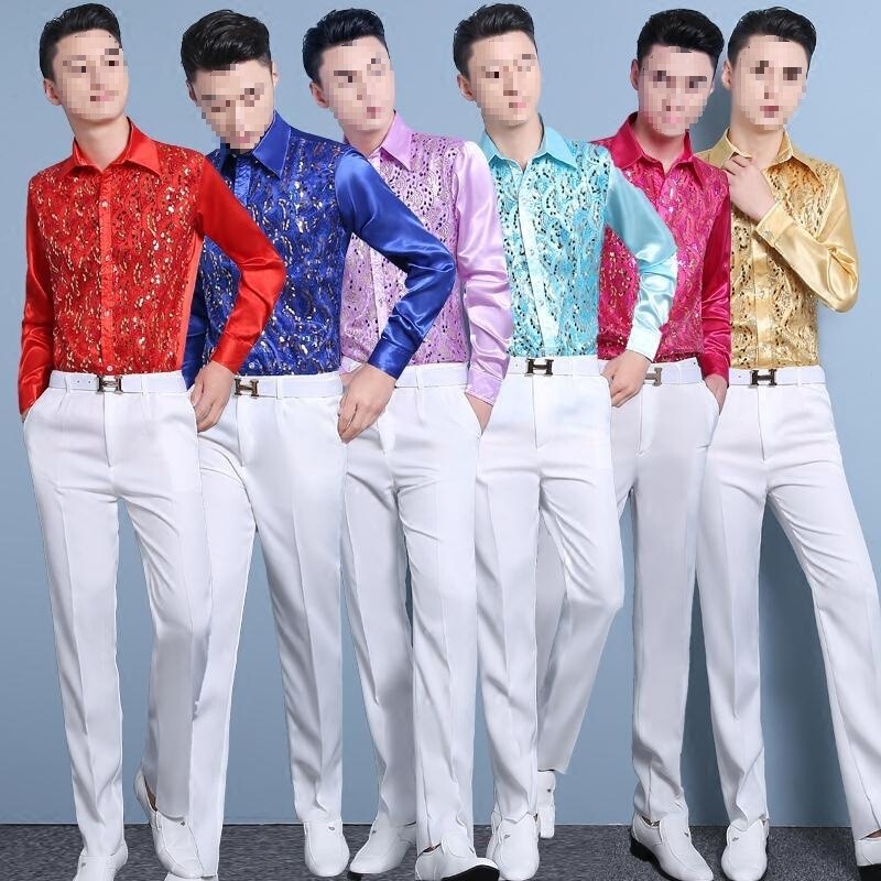 Men's Long-Sleeved Performance Shirt Host Singer Chorus Dance Performance Costume Stage Glitter Sequin Shirt