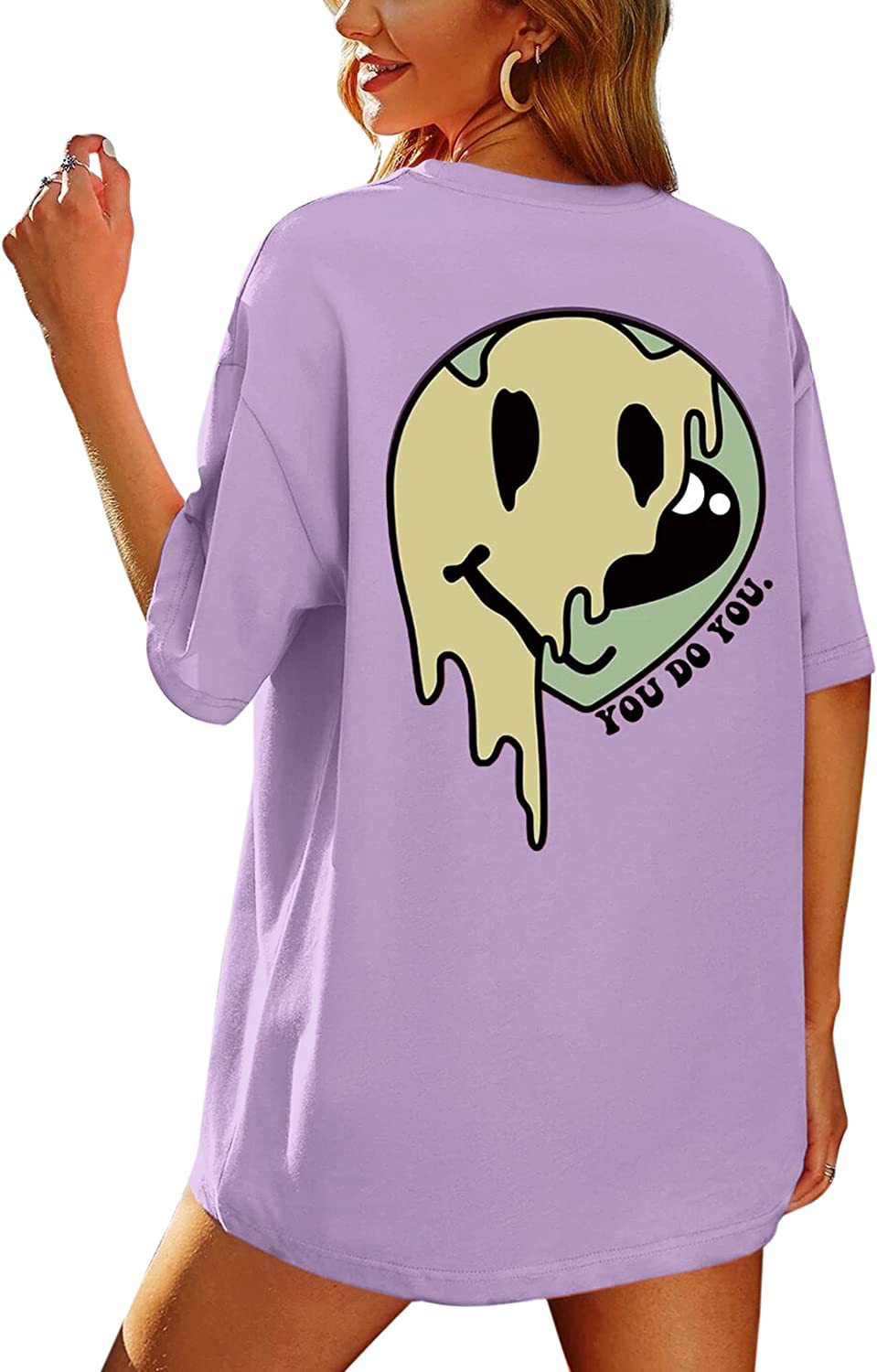 Foreign Trade Cross-border Women's Large Smile Pattern Double-sided Printed T-shirt Loose Short-sleeved Round Neck Dropped Shoulder T-shirt Spot